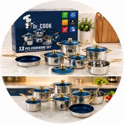 Dr. Cook 13 Piece Stainless Steel Cookware Set with Glass Lids – Blue & Gold