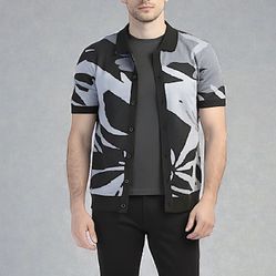 Buffalo Wyneson Men’s Abstract Black Grey Button Down Short Sleeve Sweater Sz L