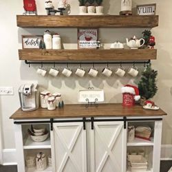 Custom built Wine Rack Cabinet Sideboard Buffet Coffee Hutch Hand Built Hutch Farmhouse farm house Carpenter Floating shelf faux Beam  Mini Fridge 