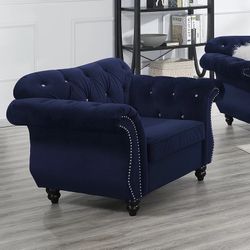 Navy Blue Glam Extra Large Accent Chair Crystal Tufting  Velvet Fabric
