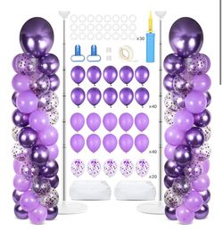 2 Sets Purple Balloon Column Stand Kit with 100 Balloons Lavender Adjustable Balloon Tower Stand with Bases for Floor Purple Confetti Balloon Column K