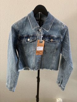 Cropped Denim Jacket with Rhinestone Detail, Size L
