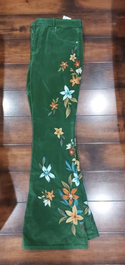 Women Bell Bottom Pants Corduroy Green Embroidered Flowers