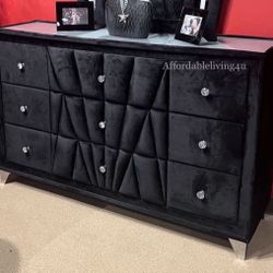 Black Velvet Dresser W/ Acrylic Crystal Knobs Brand New In Box 