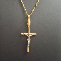 Two-Tone Gold-plated 2" Crucifix Pendant Necklace Featuring Classic Catholic Design W/Gold Cross & Silver Figure Of Jesus Christ 18" Rolo Chain - NEW