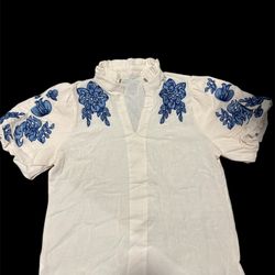 White and blue floral embroidered blouse with ruffled collar and sleeves  Light in the Box