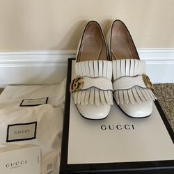 Gucci White Leather Block Heel Loafer 