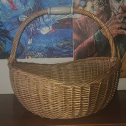 Large Vintage Woven Basket With Porcelain Handle 