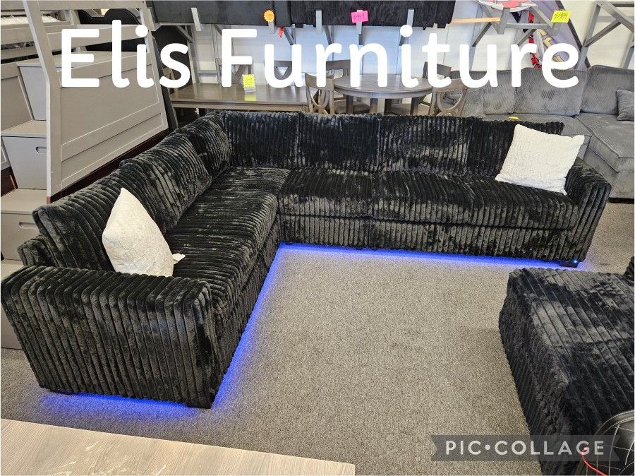 Brand New Sectional Corduroy Fabric Black W/ LED Light $649