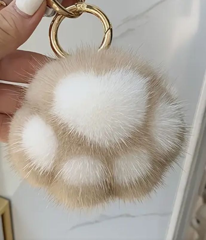 New Fuzzy Soft Paw Print Dog Cat Pet Keychain Handbag Charm Plush Accessory