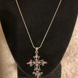 Silver Necklace With Cross Pendant/with Pink Crystals 