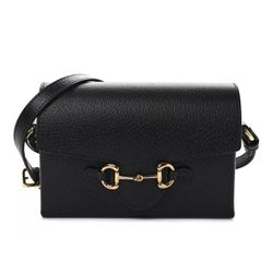 Auth GUCCI Horsebit 1955 Flap Leather Shoulder Bag Black 732314