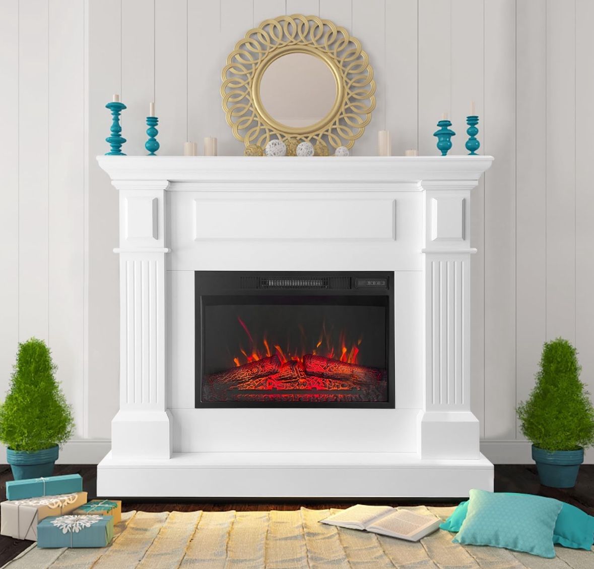 43 Inch Electric Fireplace with Mantel, Tall Fire Place Heater Freestanding