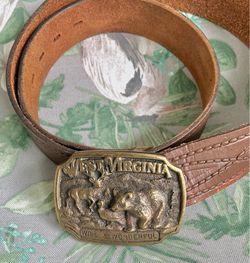 Vintage 80s West Virginia leather Belt And Belt Buckle Size 38’