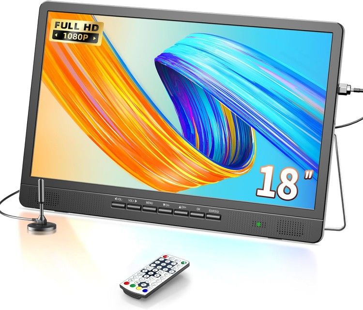 18 " Full HD 1080P Portable TV, 12V Small TV with Antenna, Support USB/HDMI/AV