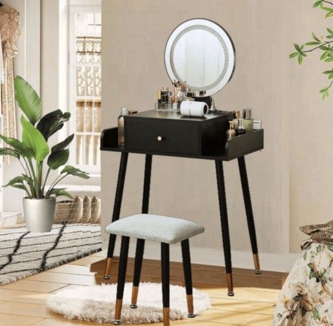 Black Makeup Vanity Table Set with Stool, Vanity Table with Mirror and Light Power Outlet, Adjustable