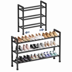 19“- 43” Adjustable Shoe Rack, 3 Adjustable Length, 3 Tier Expandable Shoe Rack for Closet, Entryway, Shoe Shelf, Black