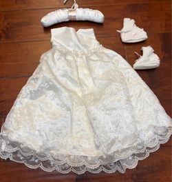 Baby Christening Baptism Gown 3 Pc Set White Starfish Embroidered 6-12M USA