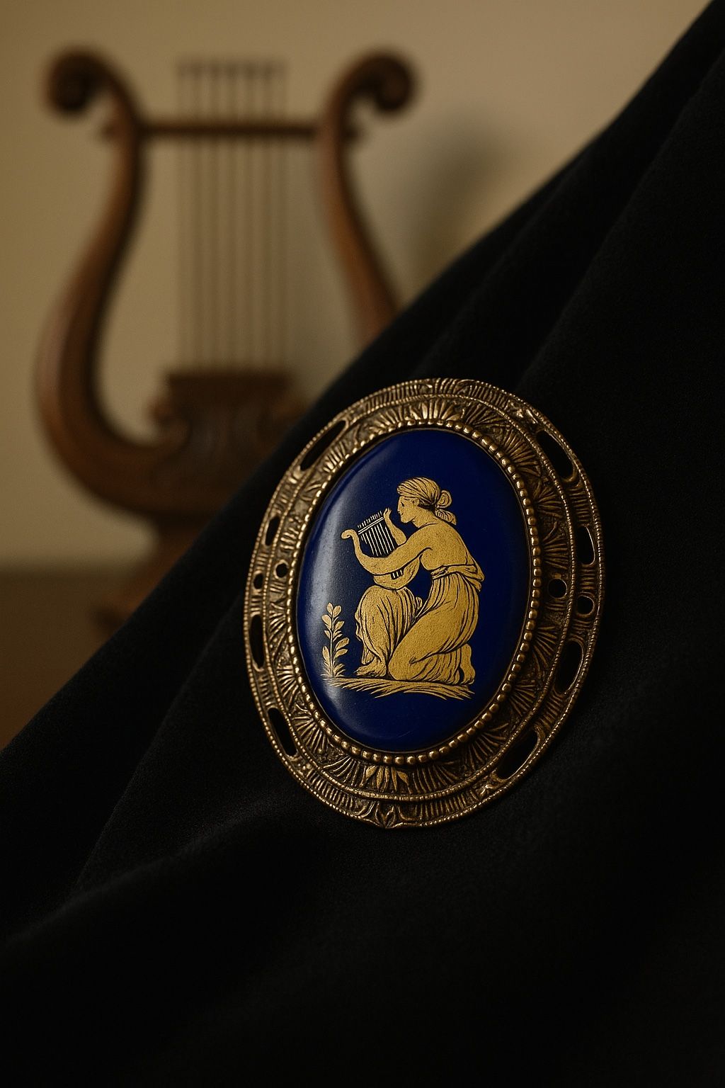 Vintage 1960s Greek Revival Brooch Gold Lyre Player Cobalt Enamel, 1.25x1.5”