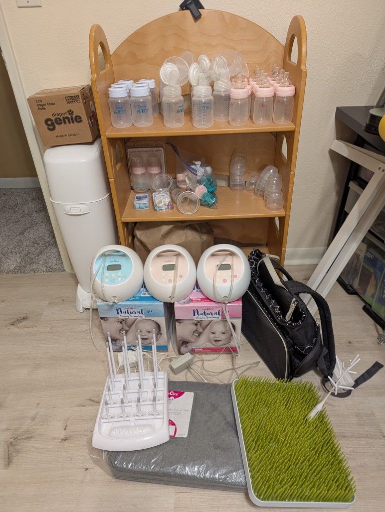 Spectra Breast Pump, Bottles, Lids, Drying Rack, And Bags