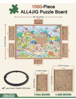 ALL4JIG 1000 Pieces Rotating Puzzle Board with 6 Drawers and Cover,22.44"x30.16"Portable Wooden Jigsaw Puzzle Table for Adults,Lazy Susan Spinning Puz