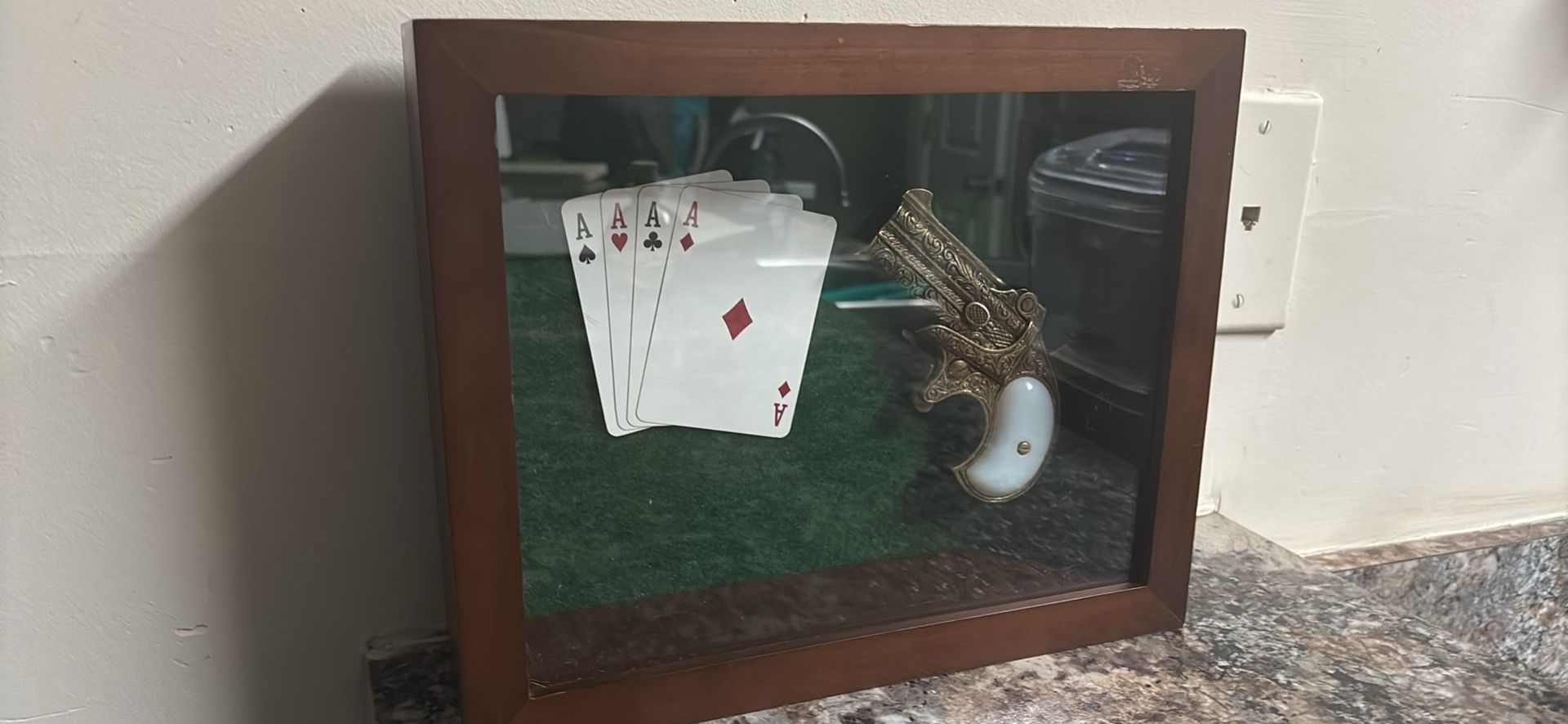 Old West Brass Finish 1866 Double Barrel Derringer with four cards in a shadow box Not firing