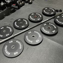 Brand New Renegade 230 Pound Olympic Bumper Plate Set With Chrome Olympic Barbell And Collars Free Delivery