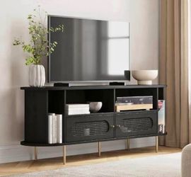 Oval Rattan TV Stand & Media Console – 63″ Entertainment Center with Storage, TV Console Table for L