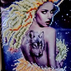 12x12 HAND BEADED "LADY WOLF" COLORFUL UNIQUE FRAMED MATTED  WALL DECOR ART