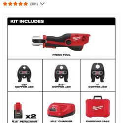 M12 Milwaukee Pro Press Kit With Jaws, Batteries And charger In Case &1850