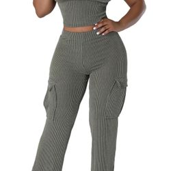 2 Piece Sets Short Sleeve Crop Top & Wide Leg Cargo Pants (M)