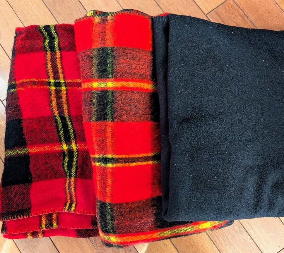 Scottish tartan red plaid throw blankets and black throw blanket, $4 each