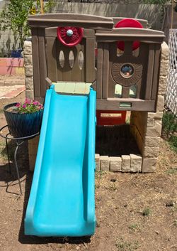 Kids Outdoor Playhouse with Slide, Steps & Climbing Walls