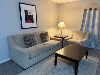 Complete Living Room Furniture Set - Light Gray Fabric Sofa with Accent Pillows + Side Table + Table Lamp + Wooden center table + Rug