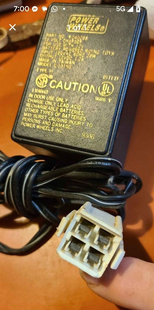 Power Wheels C-12150 12 volt type H Power cord charger. pu/ E, W or N