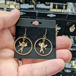 14KT Yellow Gold Cherub Dangling Hoop Earrings