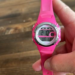 1440 sports day date indiglo stop watch  pink band 8”  ladies  stainless steel back Like New 