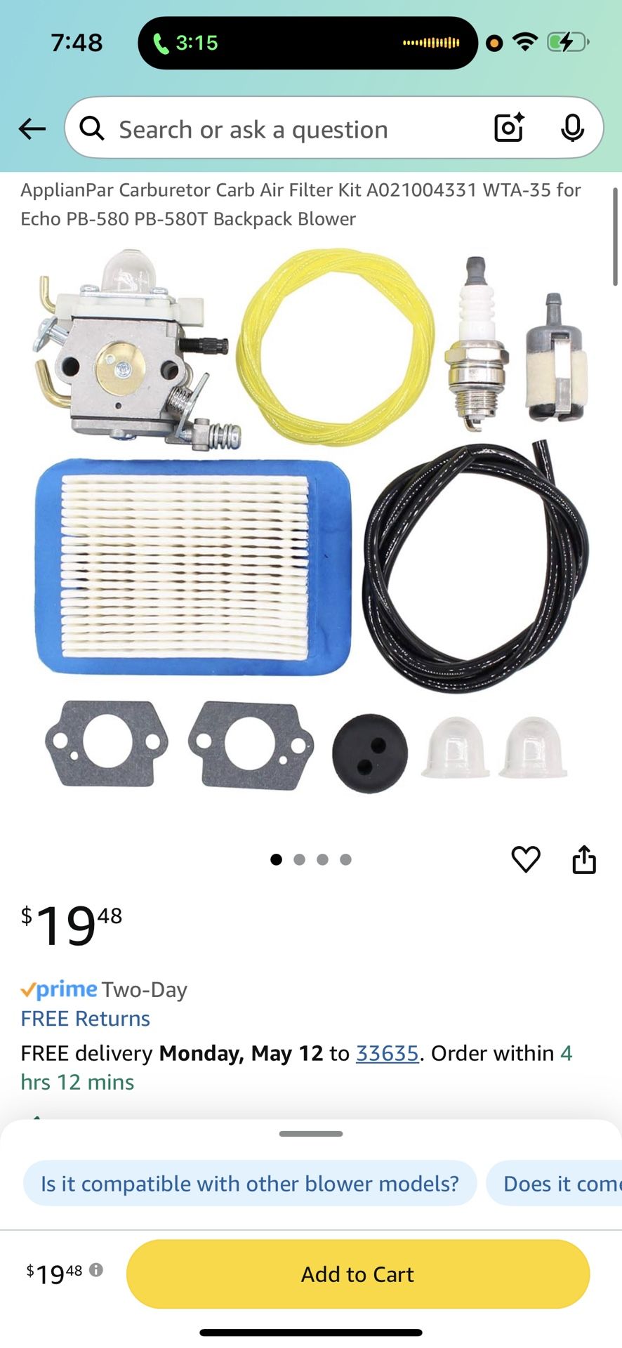 ApplianPar Carburetor Carb Air Filter Kit A0(contact info removed)1 WTA-35 for Echo PB-580 PB-580T Backpack Blower
