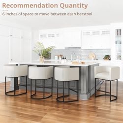 Set of 4 Antique White Counter Height Bar Stools (27”) – Faux Leather Upholstery, Barrel Back with Arms, Black Metal Legs