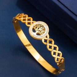 Tree Of Life Design Bracelet, 18 k gopd plated Stainless Steel Bangle