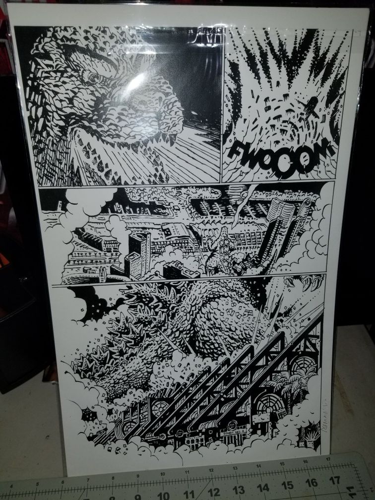 Rare comic page art work of Godzilla destroying down town SD