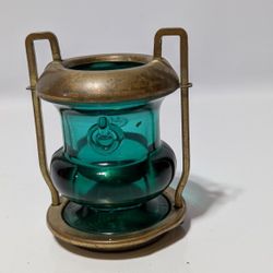 Vintage Brass and Green Glass Miniature Maritime Ship Lantern 3.5 Inches Tall

