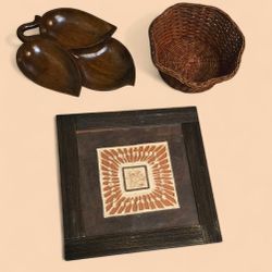 Boho Home Décor Bundle – Woven Basket, Wooden Leaf Bowl, Framed Tribal Art