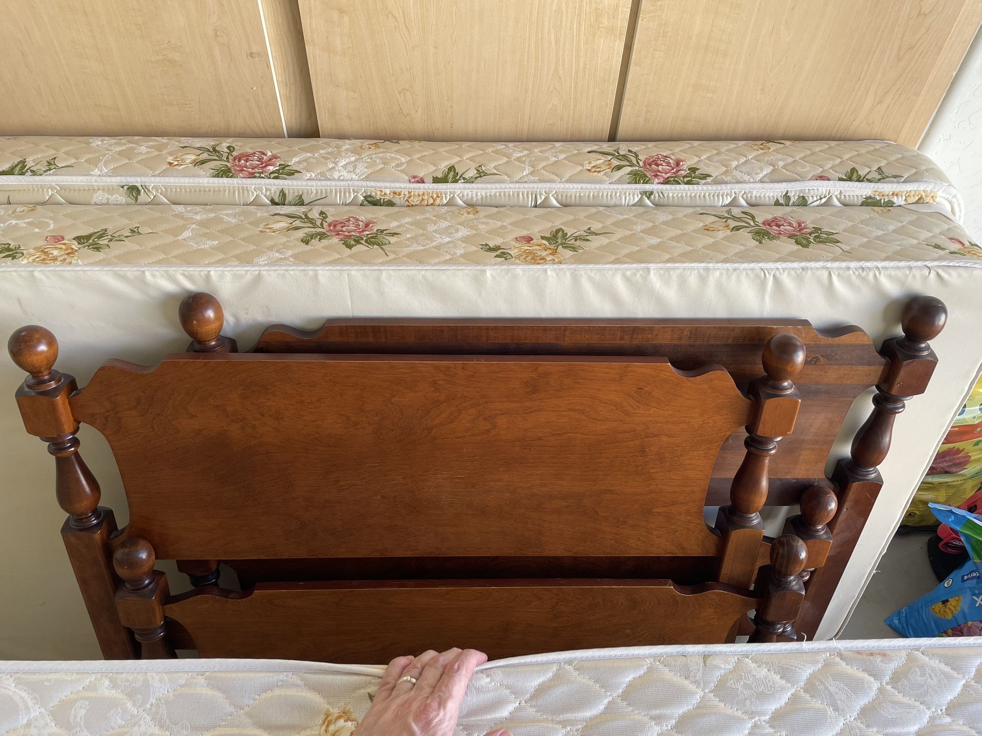 2 Single beds Including Mattresses, Box Springs, and Wood Headboards With Metal Frames