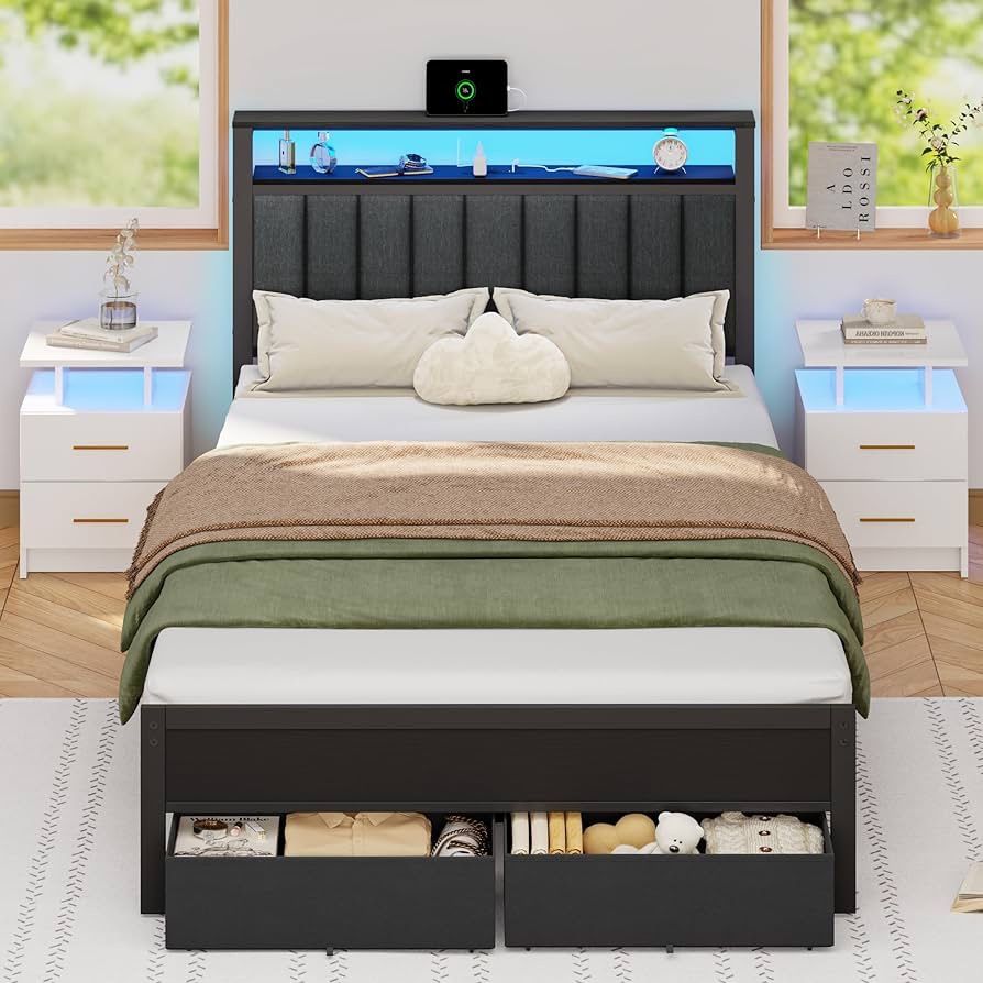 Furnulem Full Size Bed Frame with Charging Station and LED Lights, Grey Upholstered Headboard with Shelves, Metal Platform Bed with 2 Under-Bed Storag
