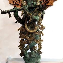 13” x 27” Vintage Brass Krishna Statue – Handcrafted Hindu God Sculpture