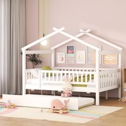 Twin Size Wooden House Bed with Twin Size Trundle, White
