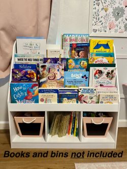 RiverRidge Kids Bookrack – 4-Tier Front-Facing Bookshelf w/ 3 Cubbies, White