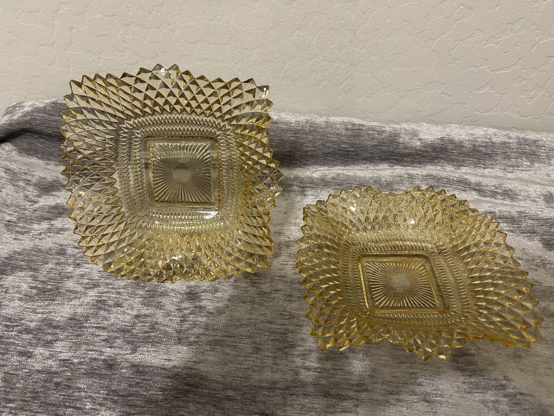 Set Of 2 Vintage Federal Glass Ruffled Edge Square Candy Dish Diamond Cut YELLOW/AMBER