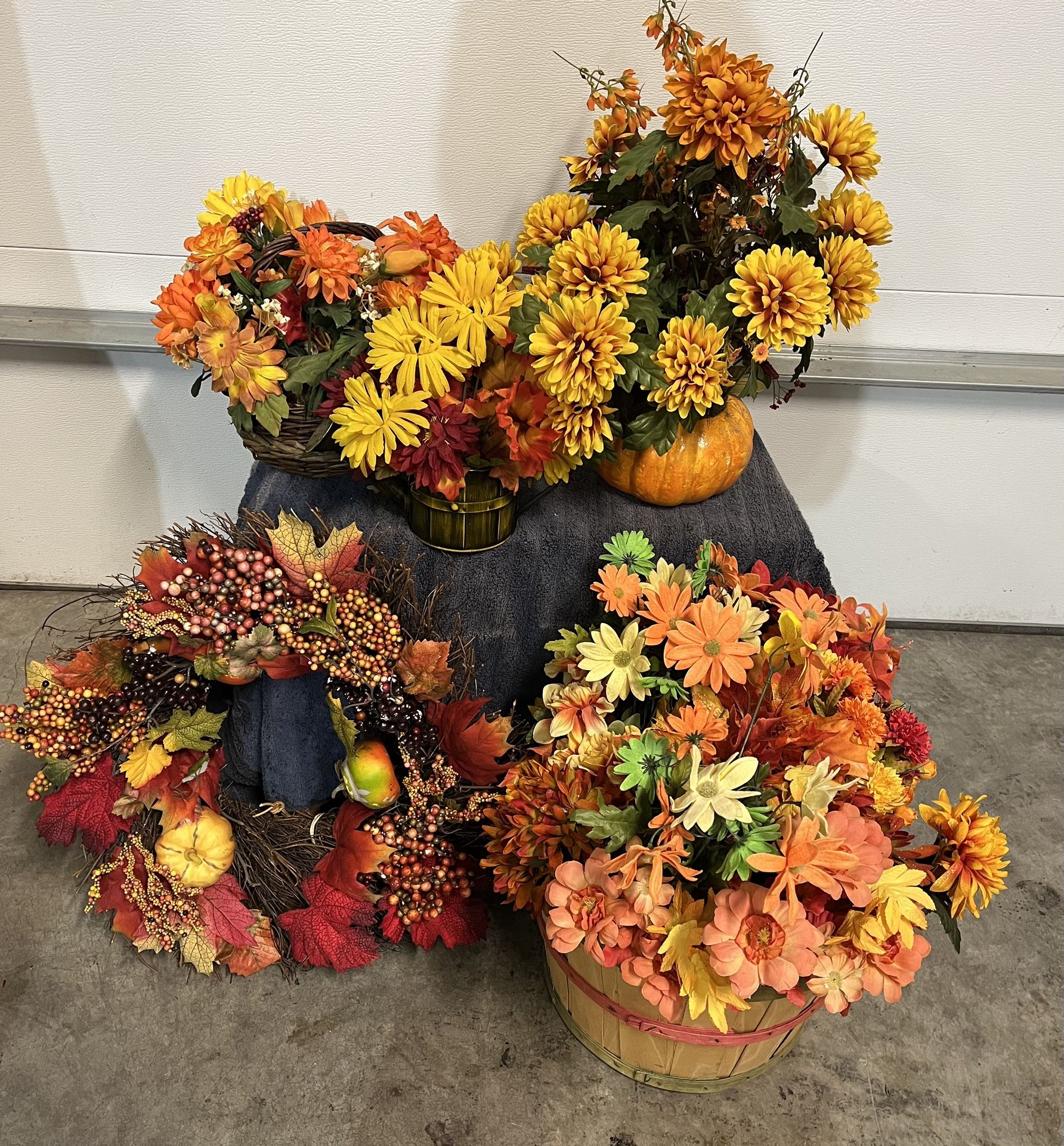 Wreath, Pumpkin Container And Watering Can Container With Florals Plus Extra Florals